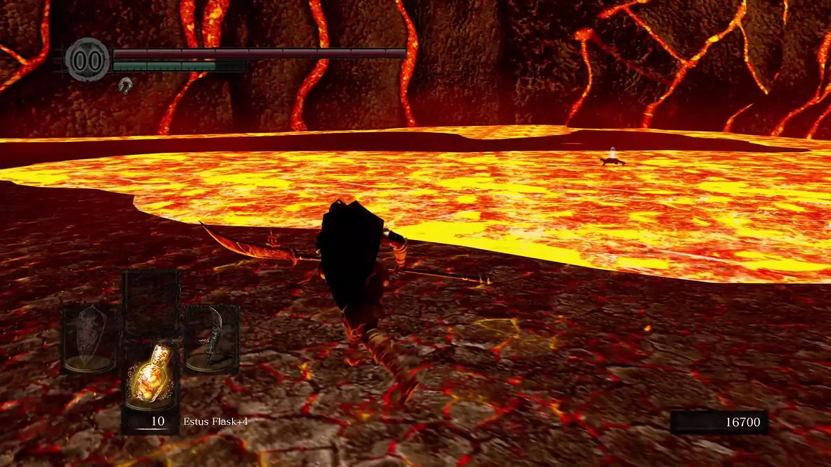 The Chosen Undead running towards a lava pool in the Demon Ruins.