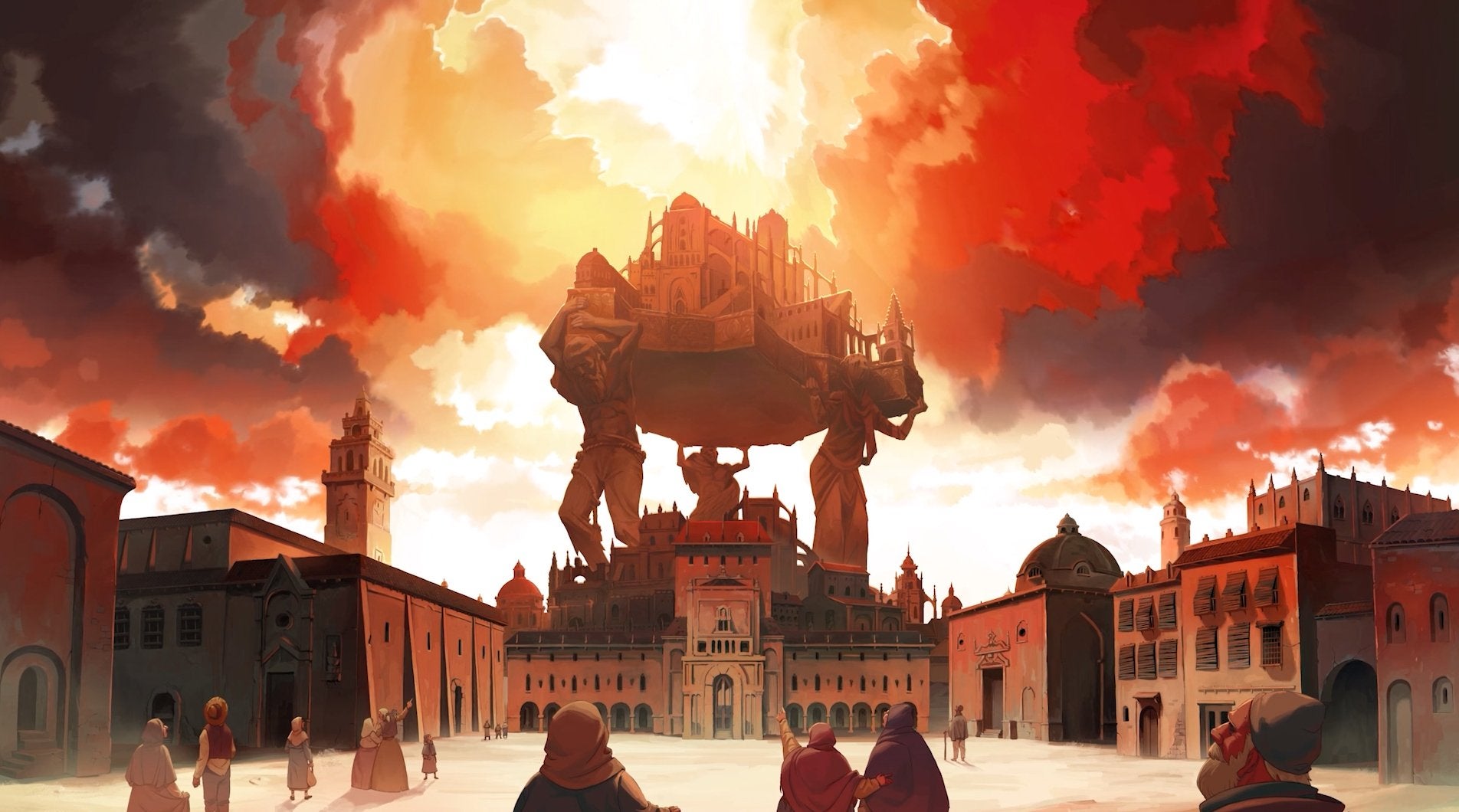 Three giant statues holding up a part of a city during sunrise in a cutscene from Blasphemous 2.