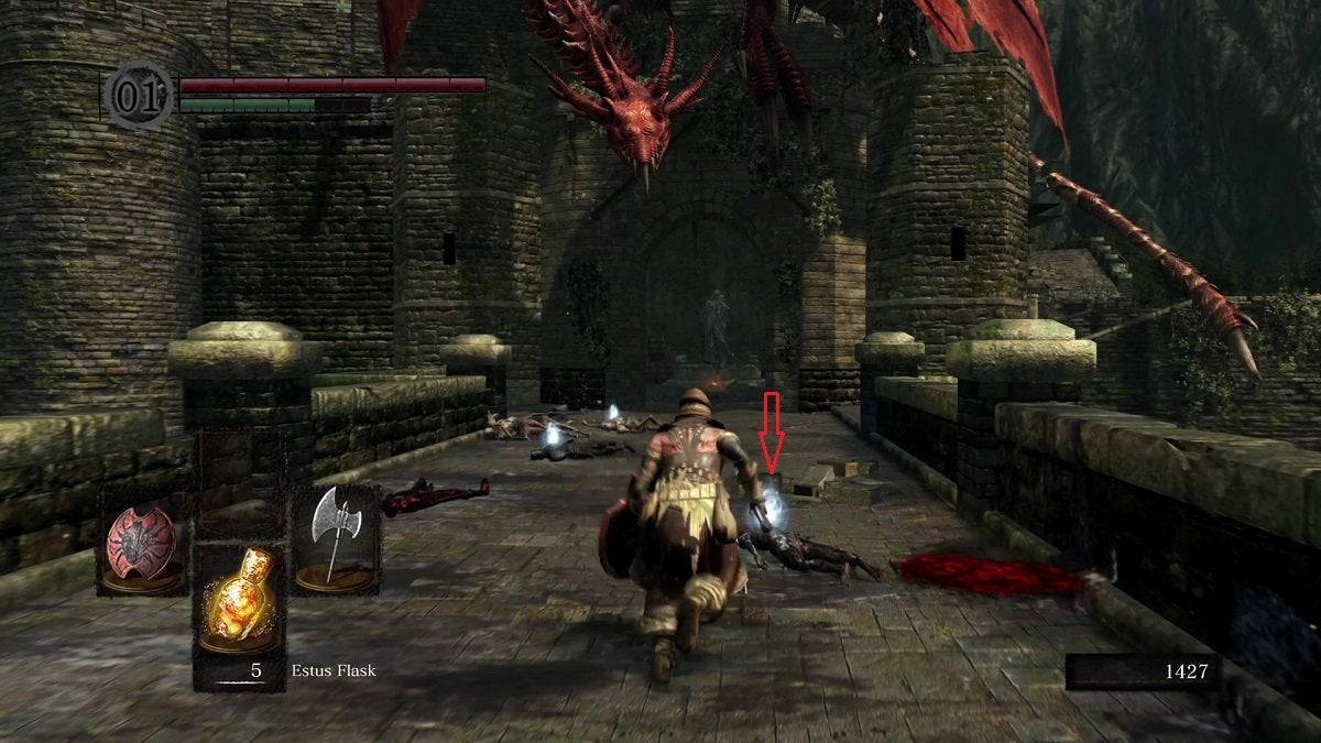 The location of Claymore on a dead body in front of the Hellkite Wyvern in Dark Souls.