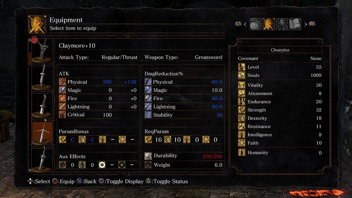 The Claymore's stats in Dark Souls after being upgraded to +10.