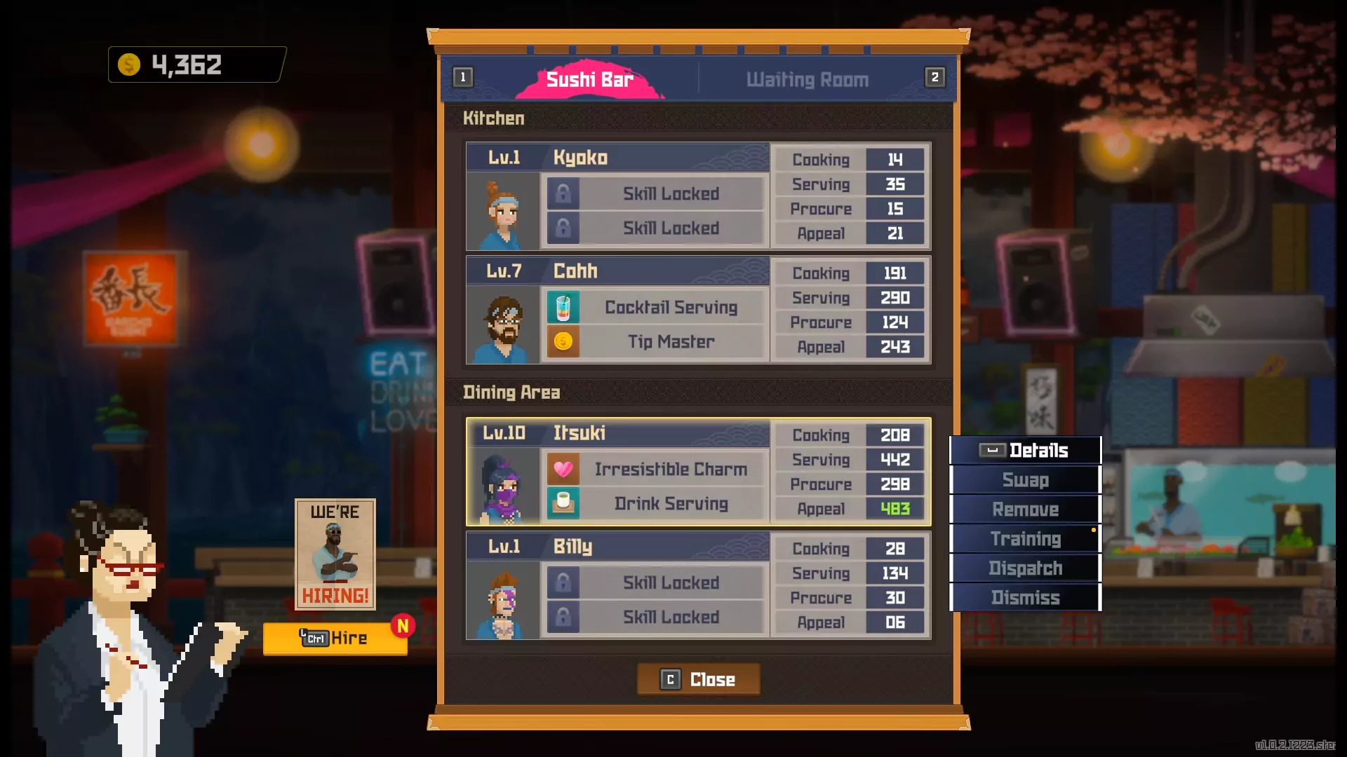 Four staff members in Bancho Sushi Bar's roster in Dave the Diver—two of them have high Appeal stats.