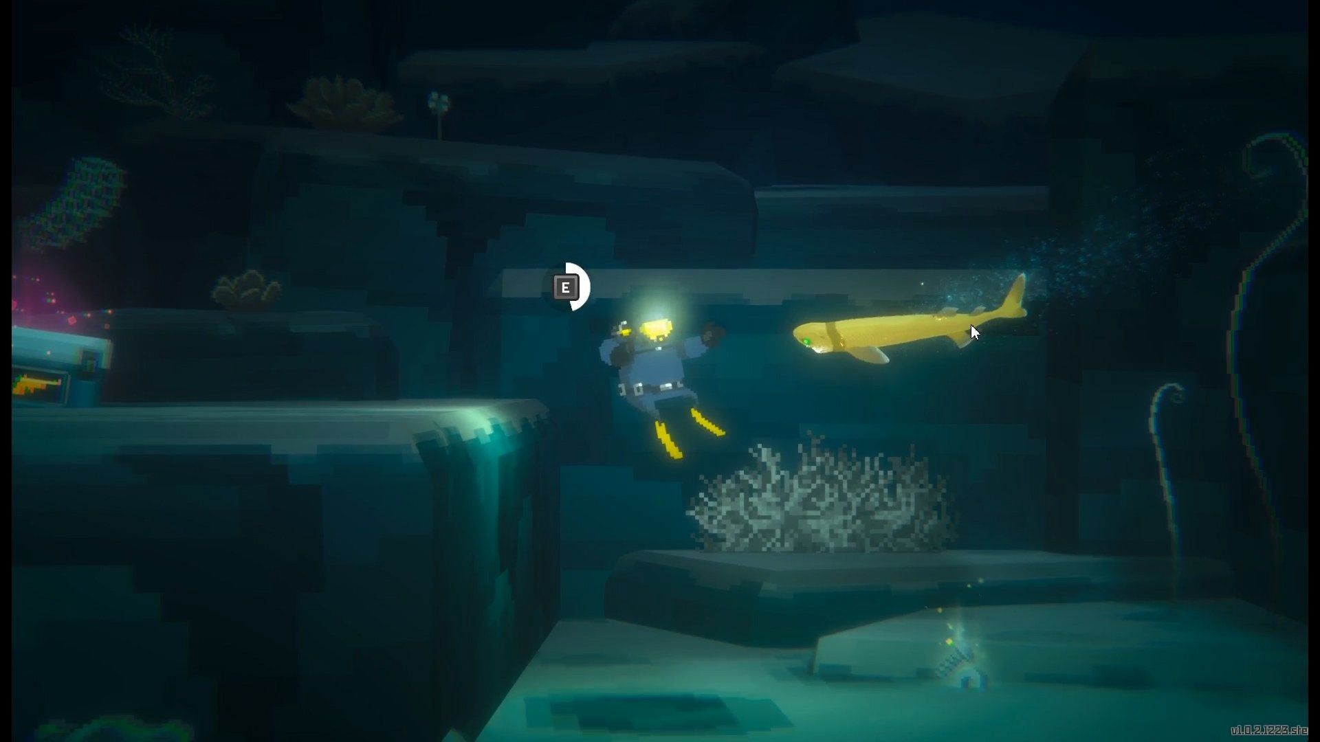 The player about to dodge an attack from a Cookiecutter Shark.