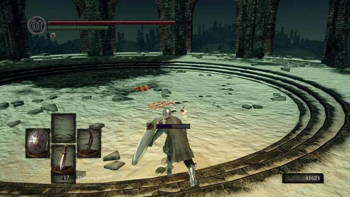 The Chosen Undead throwing a knife at an invisible Crossbreed Priscilla.