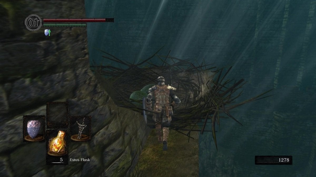 The Chosen Undead standing next to a giant crow's nest.