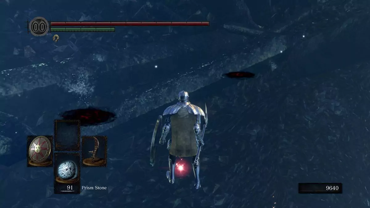 The Chosen Undead placing Prism Stones on an invisible path in the Crystal Cave.
