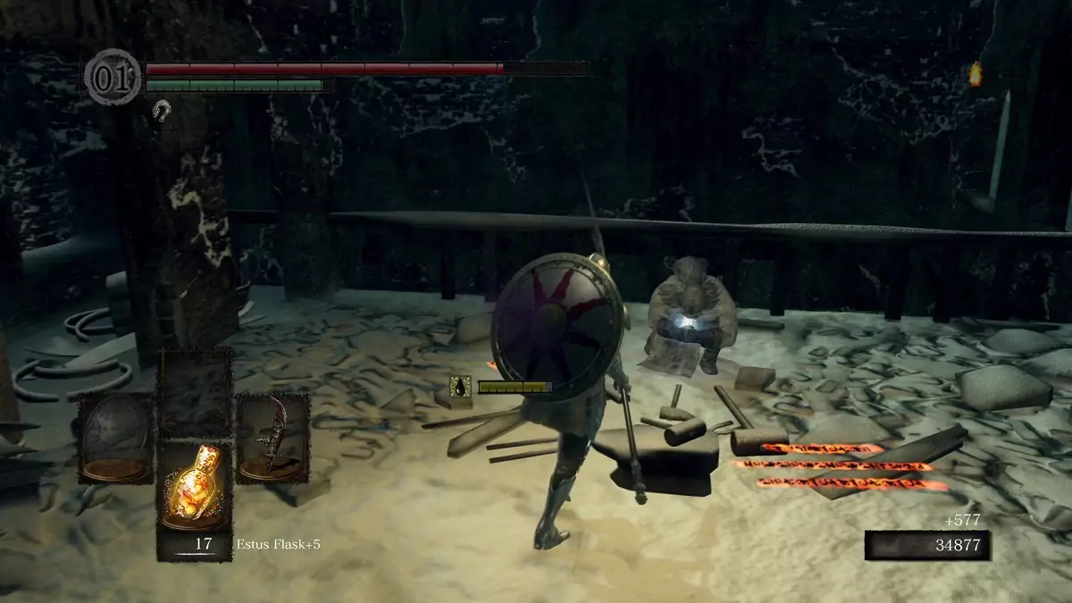 The Chosen Undead standing before a dead blacksmith.