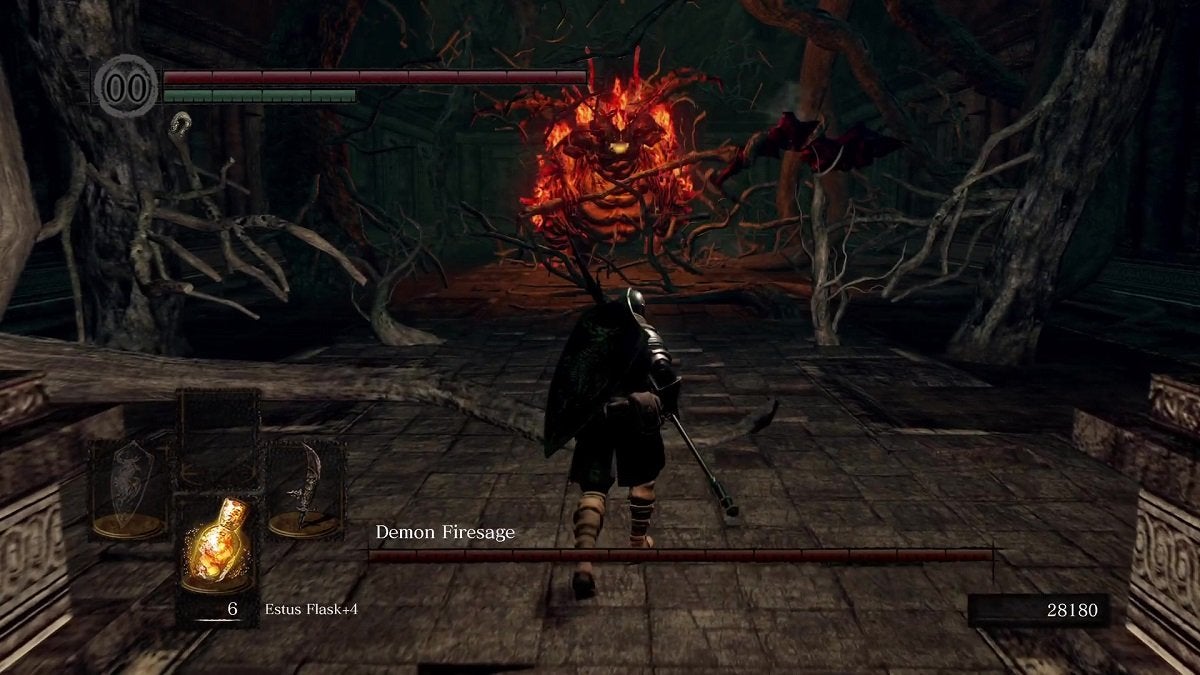 The Chosen Undead facing the Demon Firesage in Dark Souls.