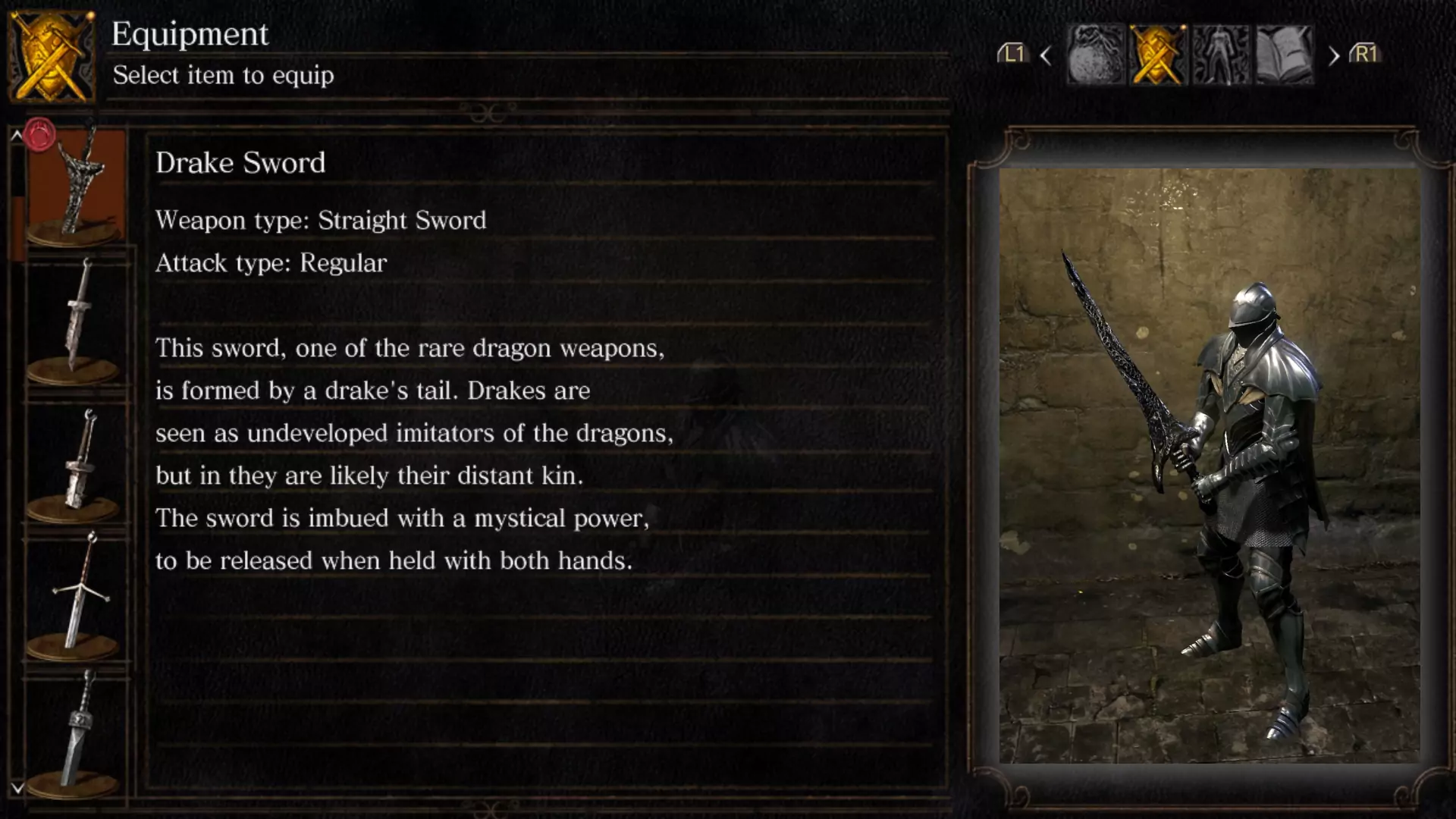 The Drake Sword's item description next to a player holding it from Dark Souls.