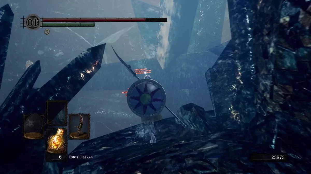 The Chosen Undead walking towards an invisible path in the Crystal Cave.