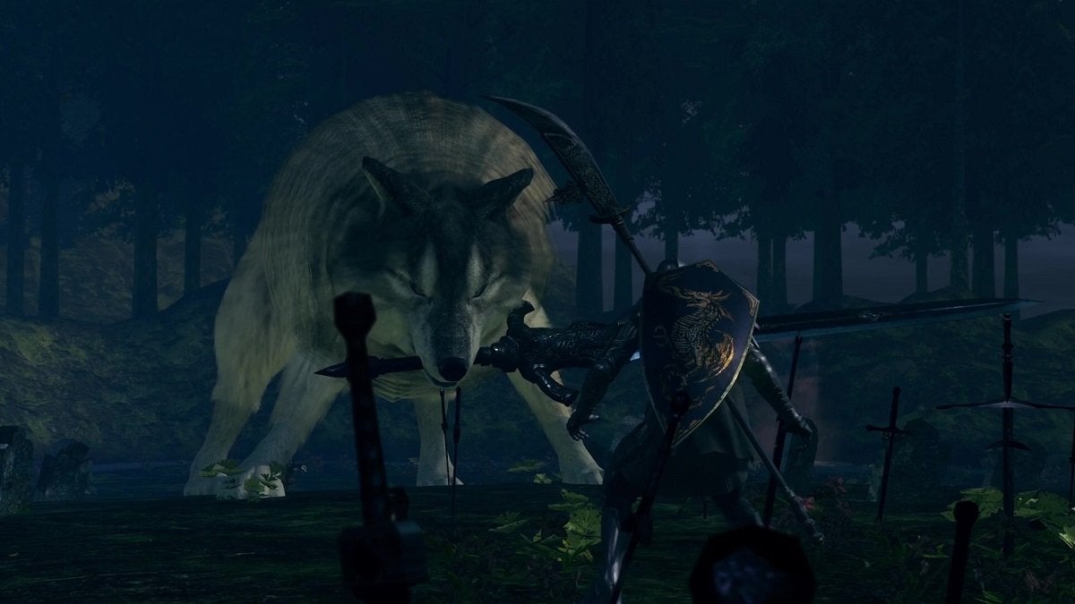 The Chosen Undead facing Great Grey Wolf Sif in Dark Souls.