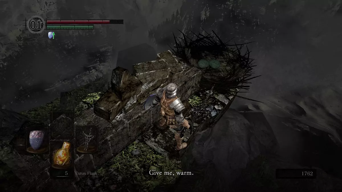 The Chosen Undead looking at a crow's nest as a disembodied voice says, "Give me, warm."