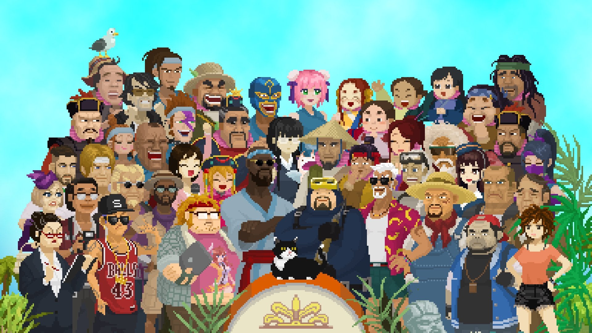 Dave and many other characters from Dave the Diver standing together.
