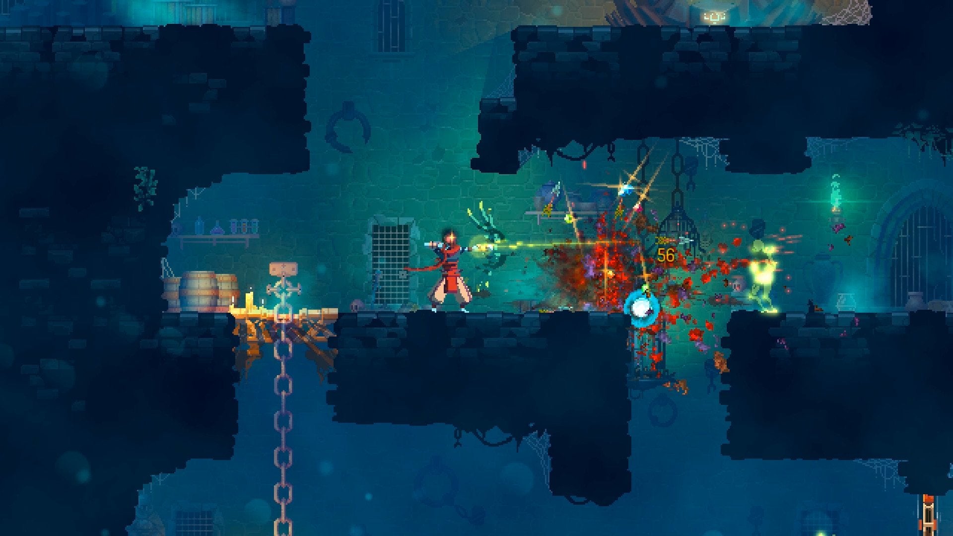 The player shooting an enemy with a bow in Dead Cells—a game that often gets thought of as a Roguelike (it's actually a Roguelite).