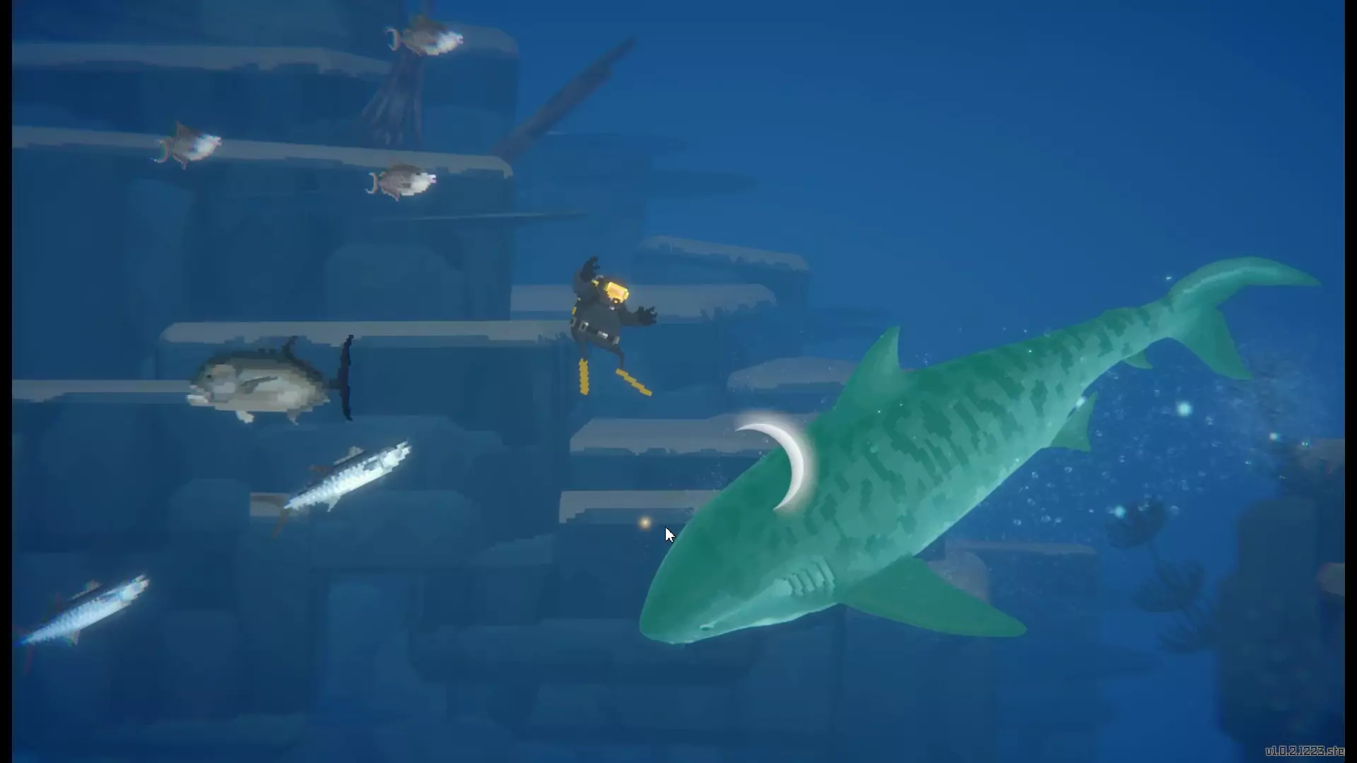 The player dodging an attack from a Tiger Shark in Dave the Diver.