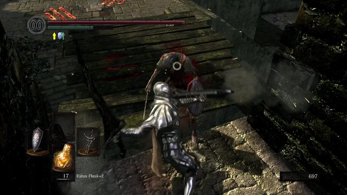 The Chosen Undead attacking an enemy with the Drake Sword in Dark Souls.