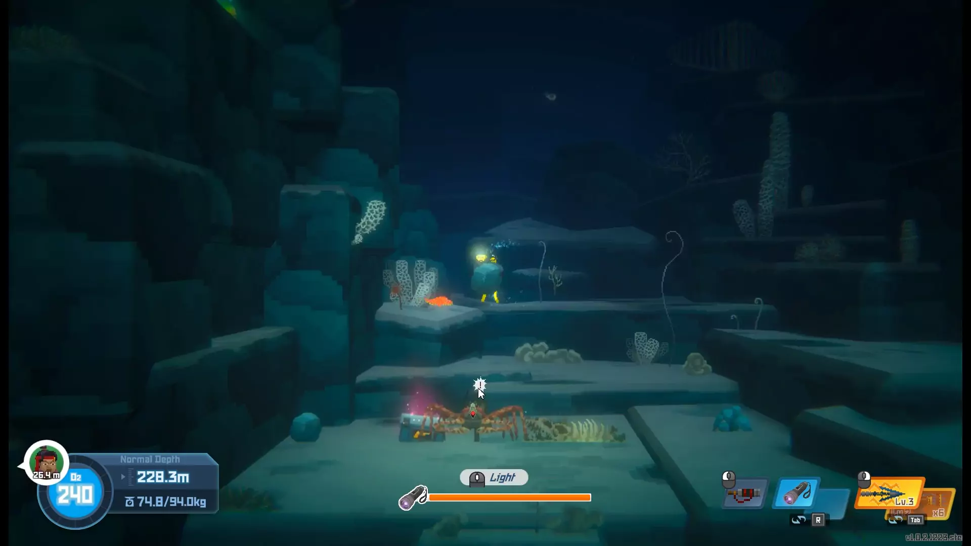 The player dropping a rock on a Spider Crab to kill it in Dave the Diver.