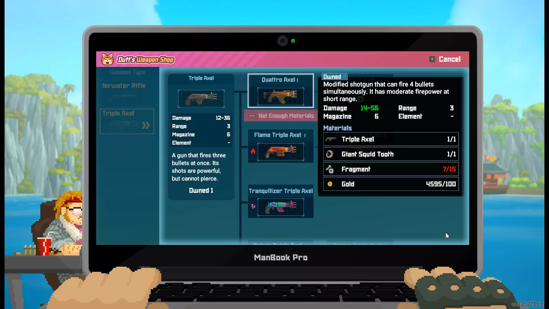 The requirements for upgrading the Triple Axel into the Quattro Axel I in the Weapon Shop menu in Dave the Diver.