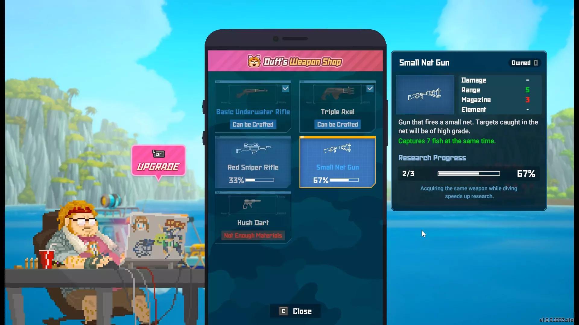 The player looking at guns in the Weapon Shop in Dave the Diver.