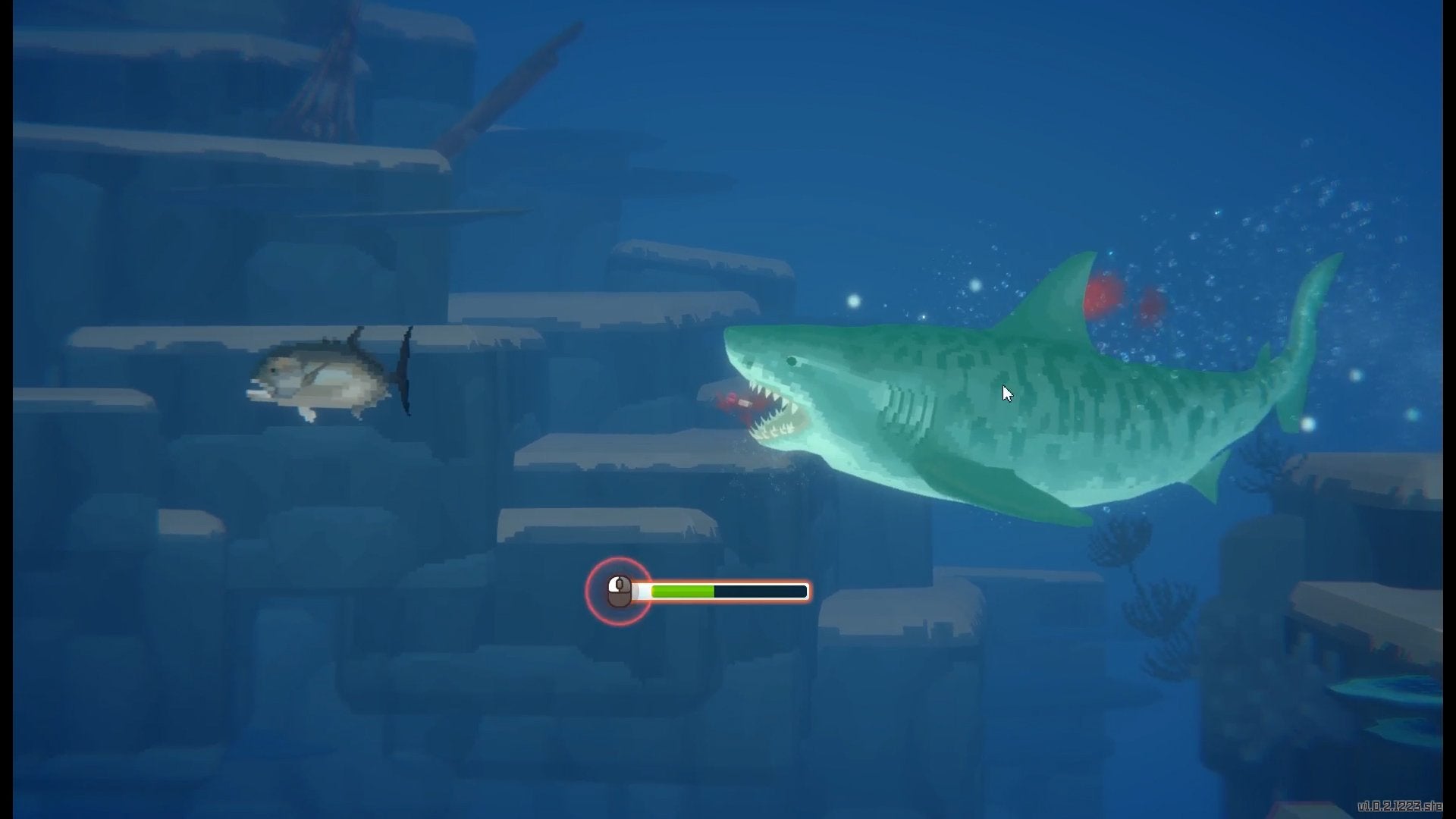 The player getting bitten by a Tiger Shark in Dave the Diver.
