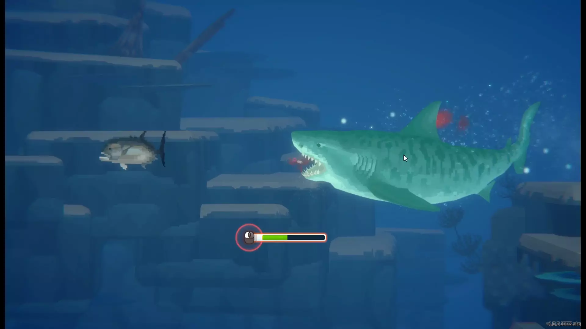 The player getting bitten by a Tiger Shark in Dave the Diver.