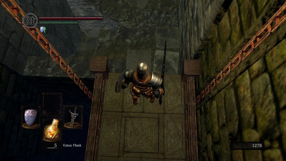 The Chosen Undead riding the elevator from the Undead Parish to Firelink Shrine.