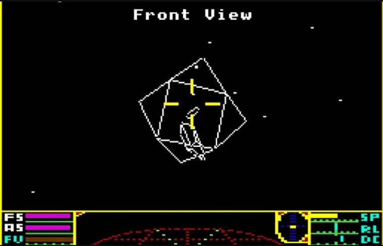The player approaching an object in space in Elite (1984).