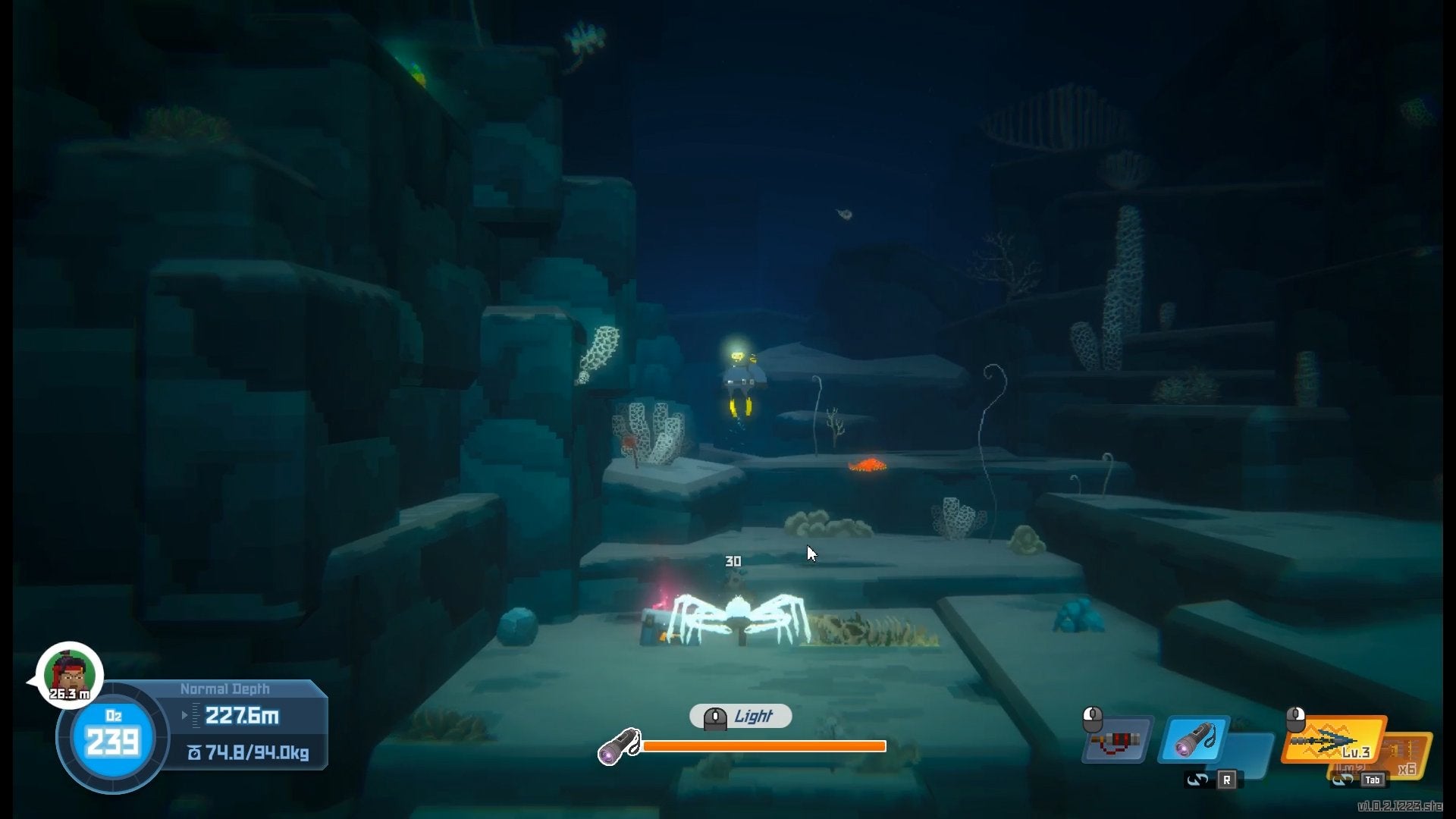 The player dropping a rock on a crab in Dave the Diver.
