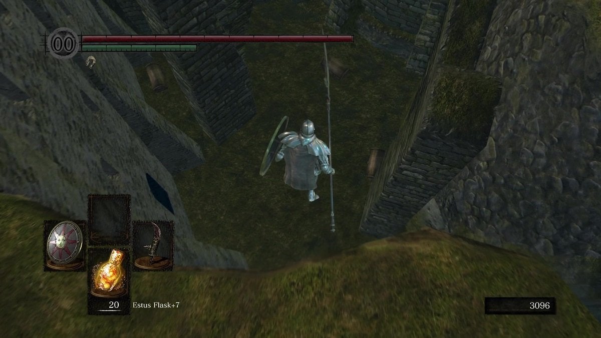 The Chosen Undead dropping down on an area in Firelink Shrine that has three chests.