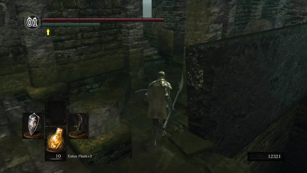 The Chosen Undead running towards a staircase in Firelink Shrine.