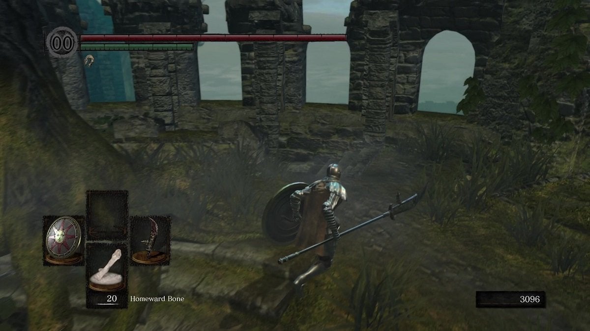 The Chosen Undead running towards a staircase in Firelink Shrine.