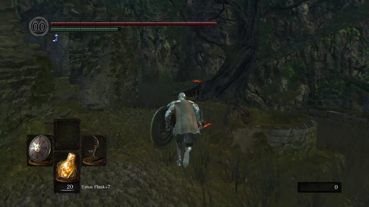 The Chosen Undead running towards a well in Firelink Shrine.