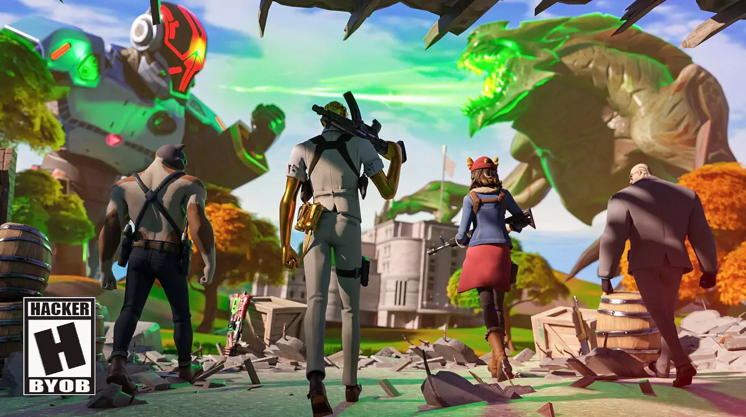 Official art from Fortnite where the ESRB rating is replaced with a joke rating that says "H" for "Hacker" instead of "T" for "Teen." Fortnite is a game where Aimbot use is common.