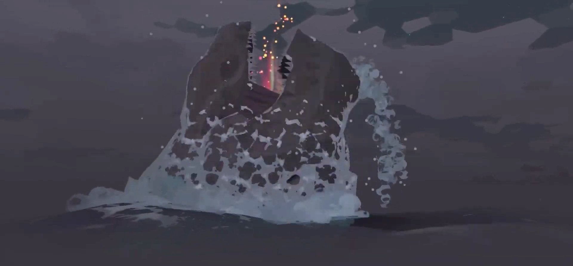 The player's ship getting consumed by a giant sea monster in DREDGE.