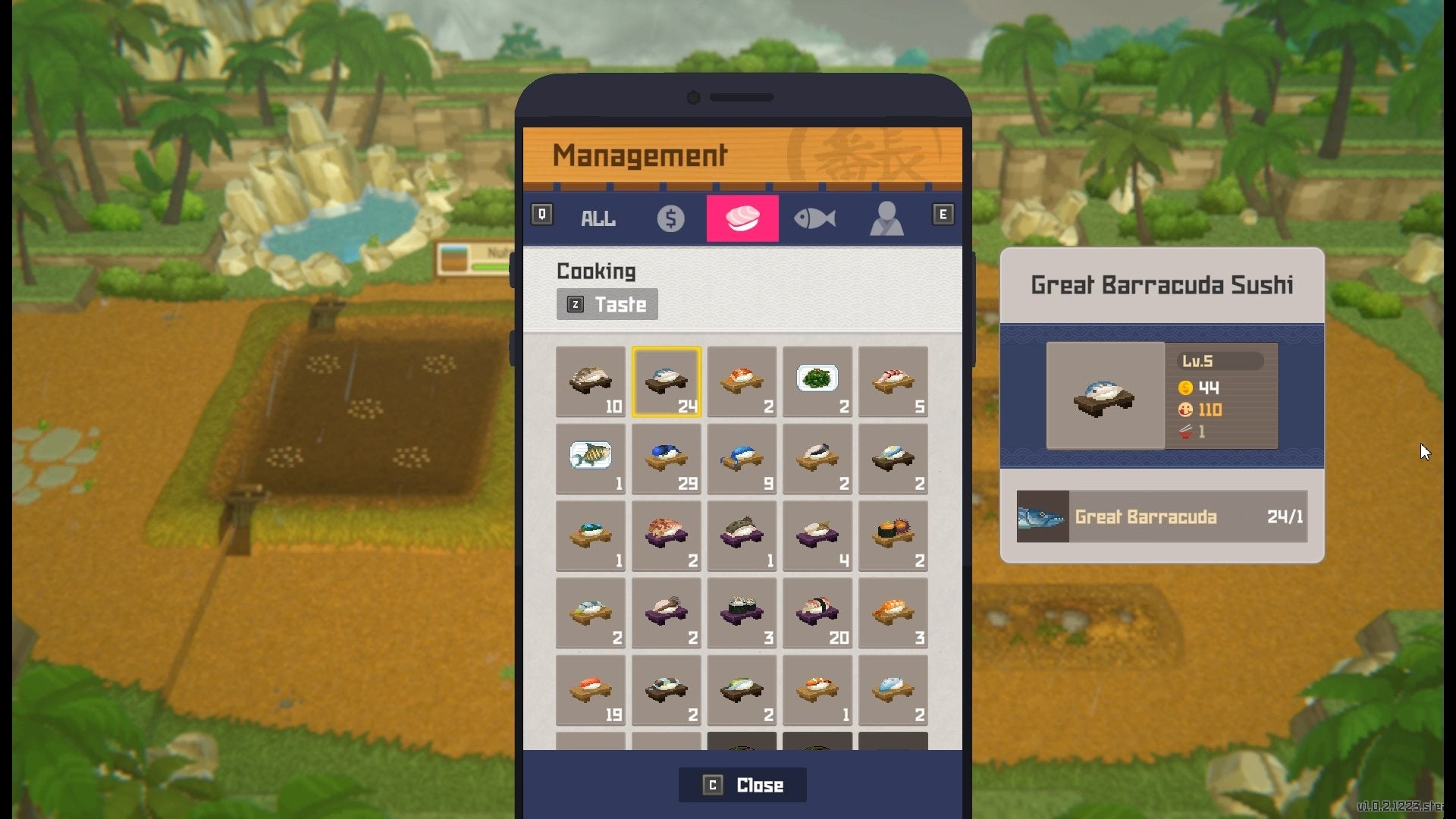 The recipe for Great Barracuda Sushi in the Management app in Dave the Diver.
