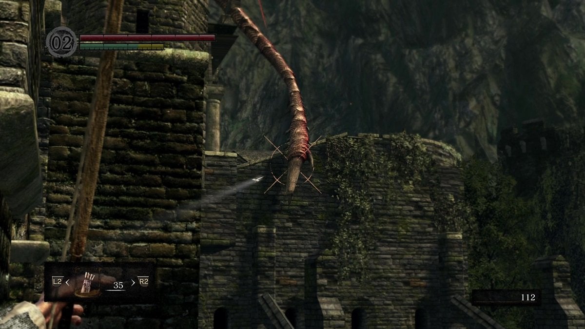 The player aiming their bow at a wyvern's tail to destroy it and get the Drake Sword in Dark Souls.