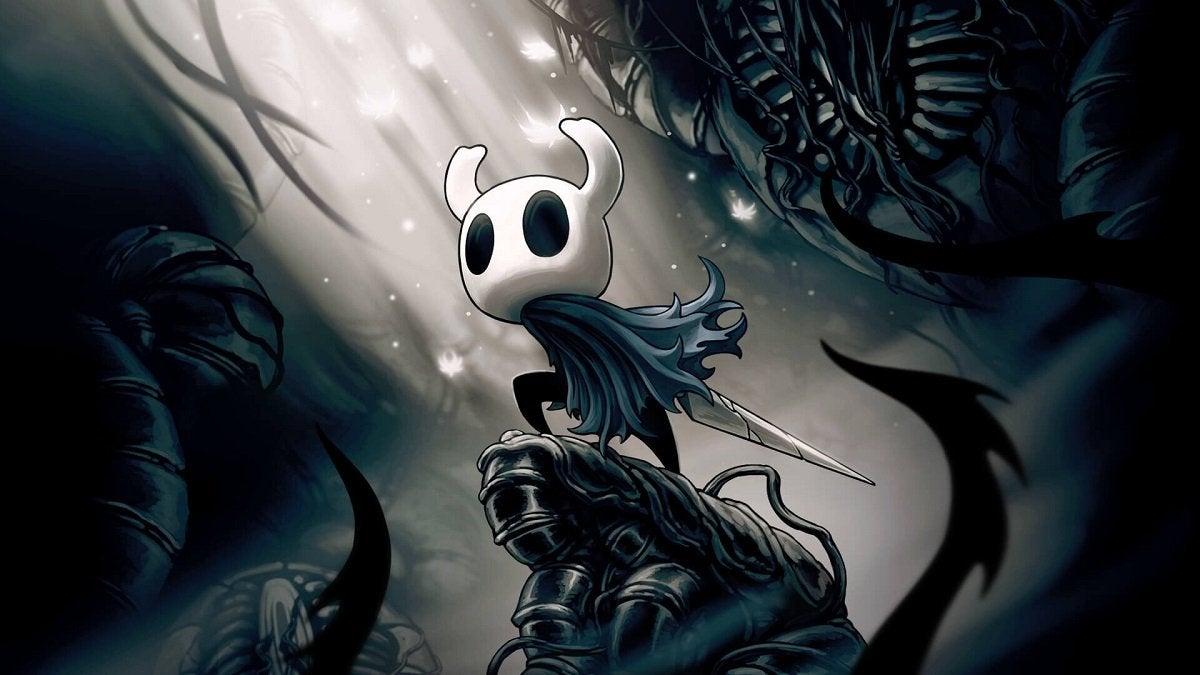 Hollow Knight official art depicting the eponymous Knight standing in column of light.