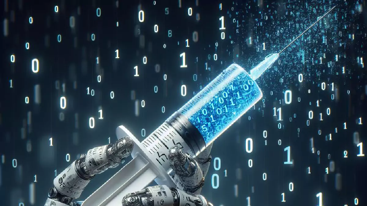 A robotic hand holding up a syringe full of ones and zeroes that represents an Injection Aimbot.