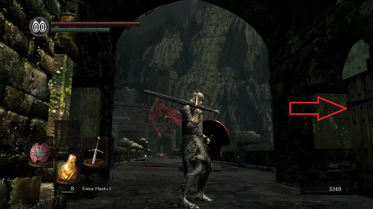 The Chosen Undead walking towards the door that leads to Lower Undead Burg.