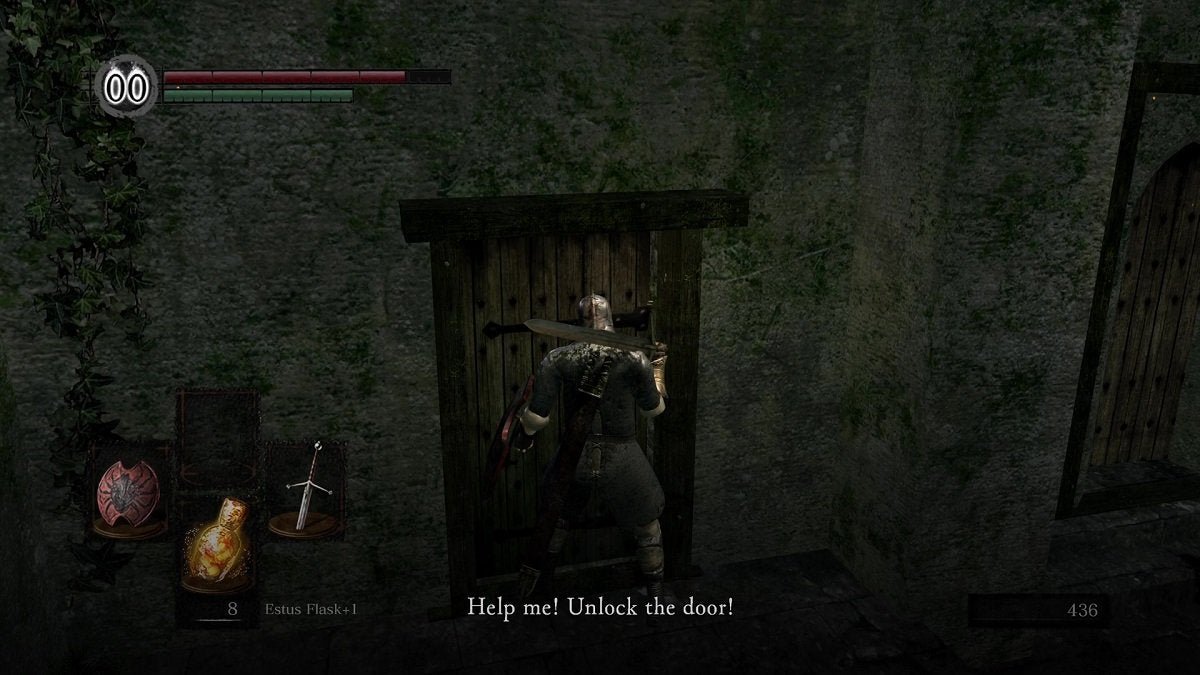 The Chosen Undead speaking to an NPC in Lower Undead Burg through a door. The NPC is asking for help.