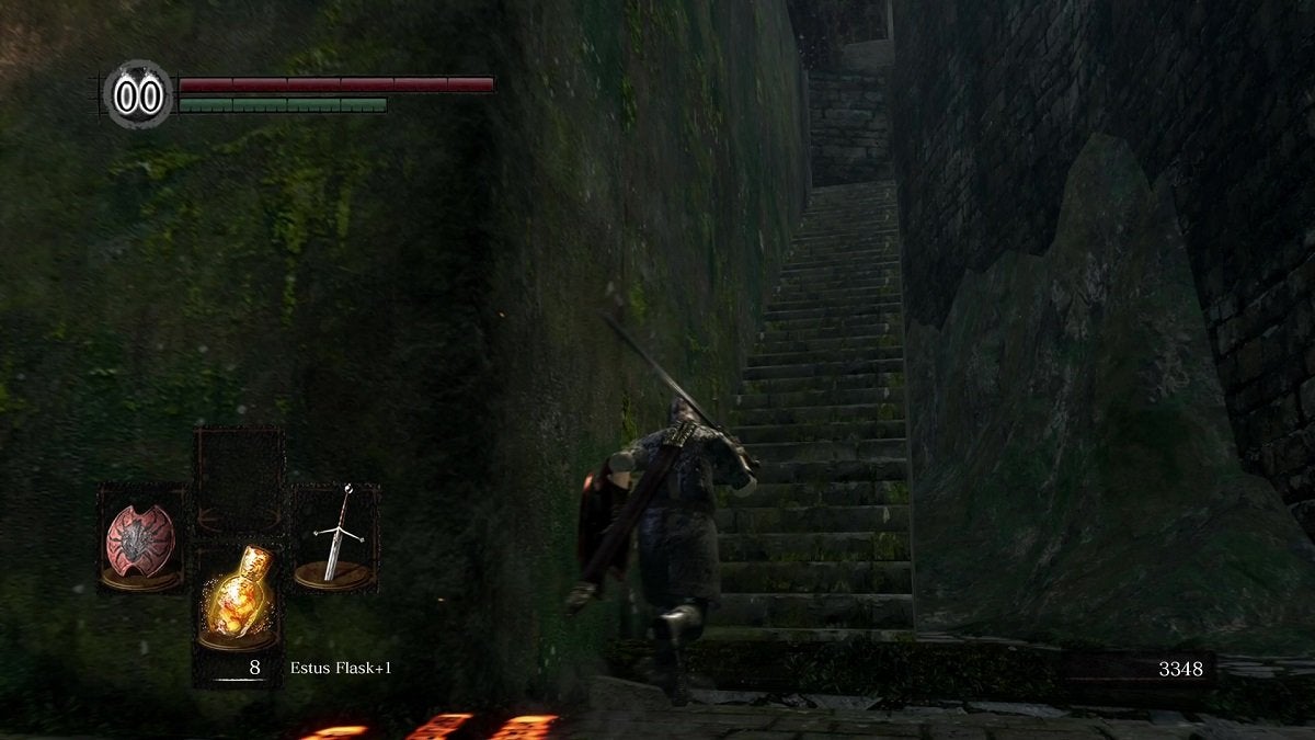 The Chosen Undead running towards a staircase.