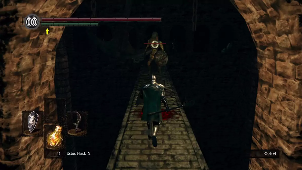 The Chosen Undead facing a Man-Serpent on a narrow bridge.