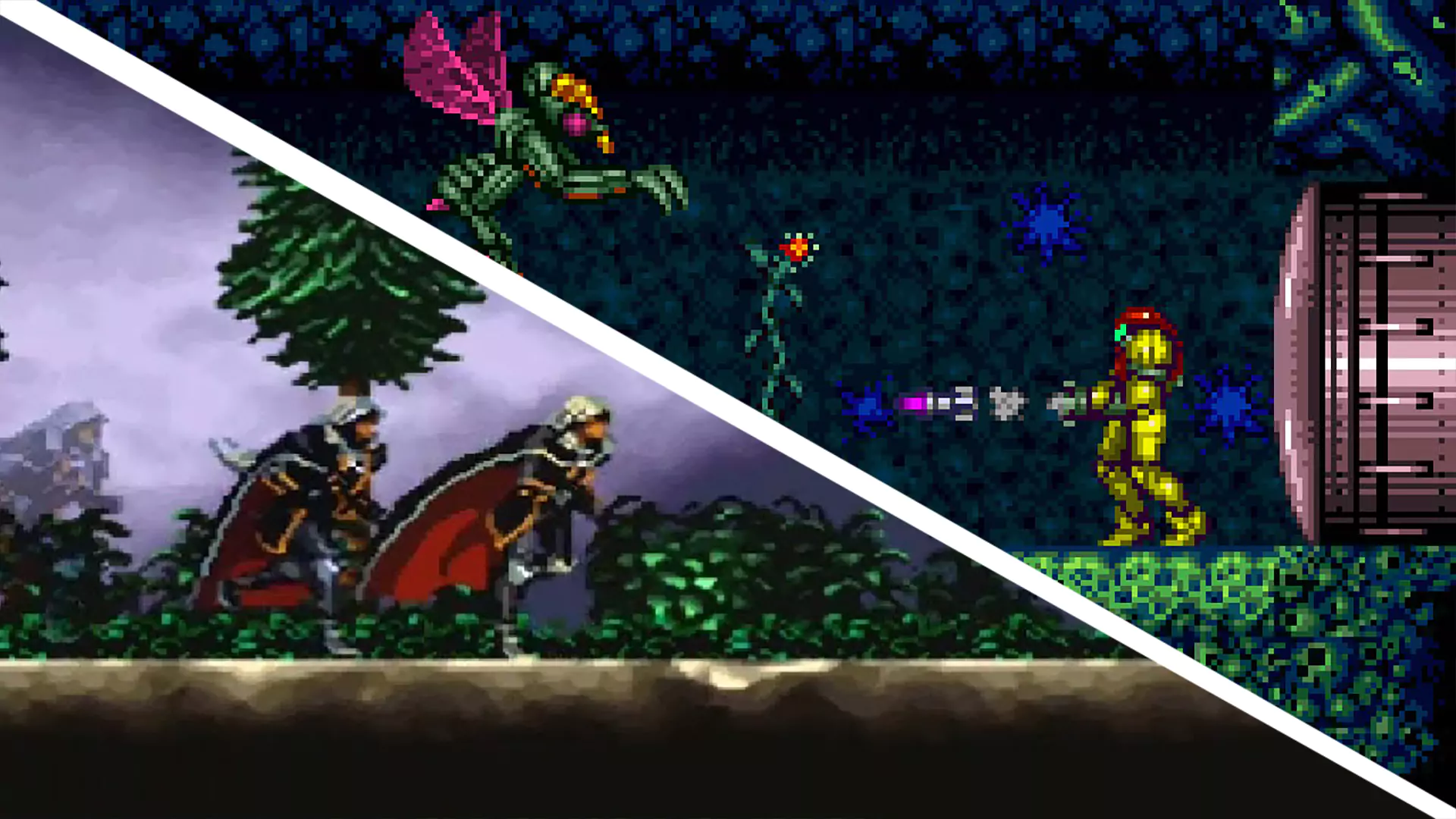 On the bottom-left is Alucard from Castlevania: Symphony of the Night walking towards the right in a field with trees, and, on the top-right, is Samus from Super Metroid shooting her blaster towards the left in an area with a flying enemy nearby.