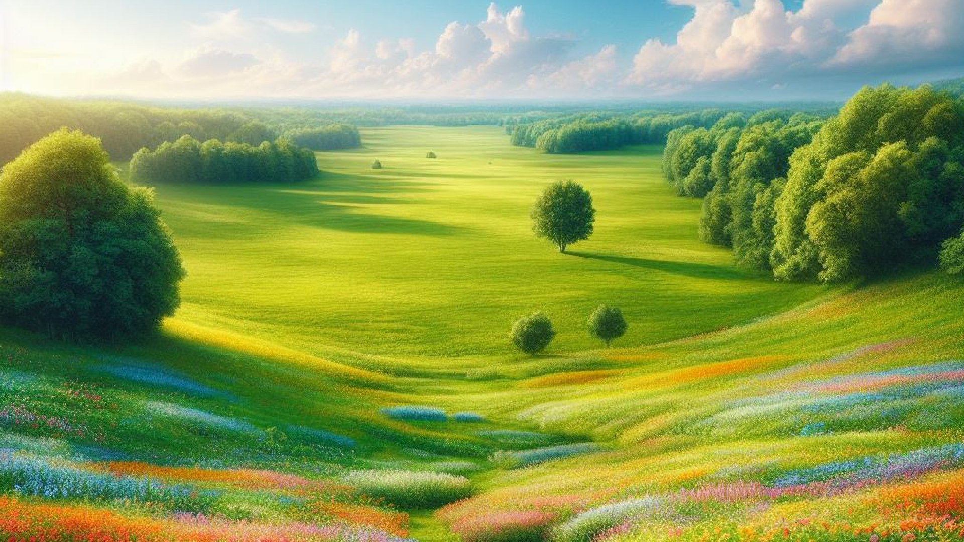 A huge open field full of green grass, colorful flowers, and a few trees under a clear blue sky. The perspective is from high above the land.