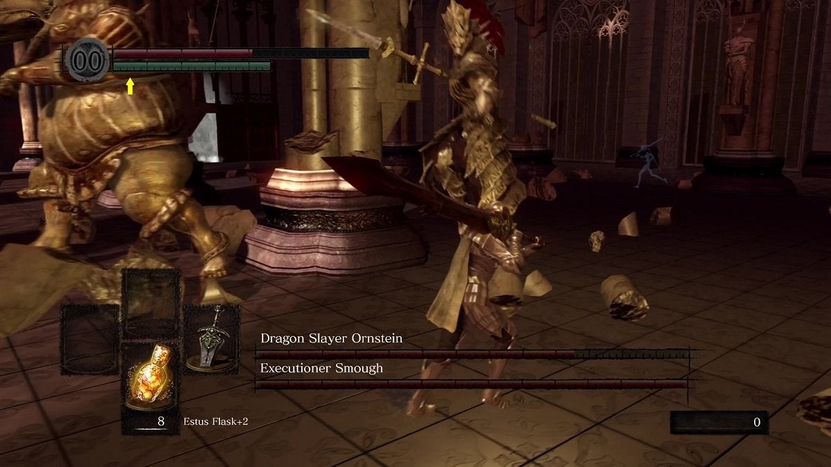 Ornstein hovering in the air in front of the Chosen Undead.