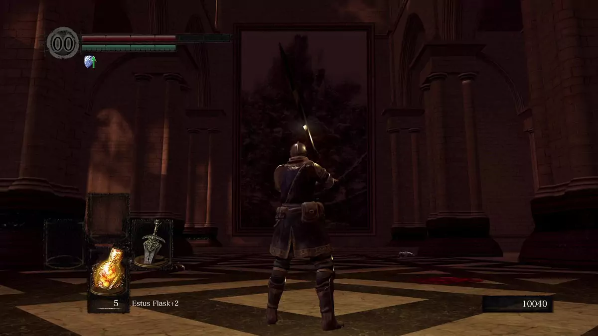 The Chosen Undead standing before the painting that leads to the Painted World of Ariamis.