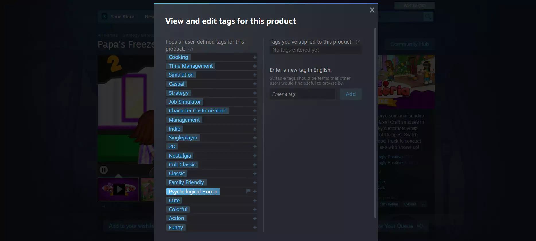 Papa's Freezeria with the "Psychological Horror" gameplay tag on Steam.