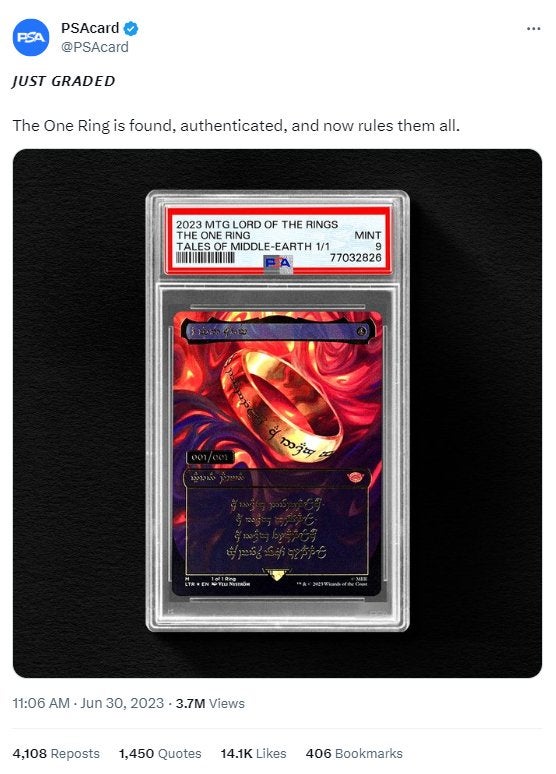PSA's tweet about grading The One Ring MTG card.