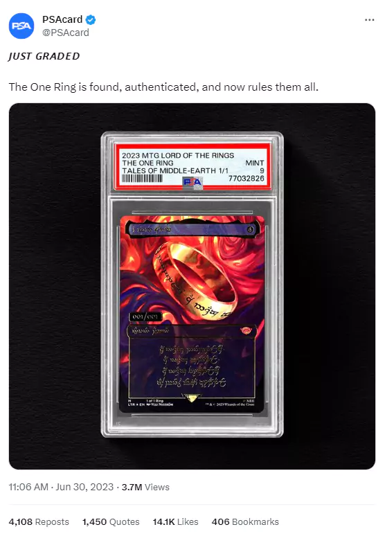PSA's tweet about grading The One Ring MTG card.
