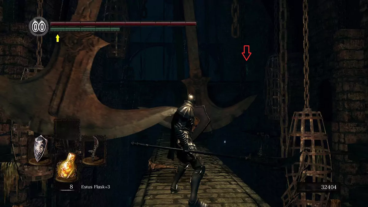 The Chosen Undead looking at a Man-Serpent from a distance.