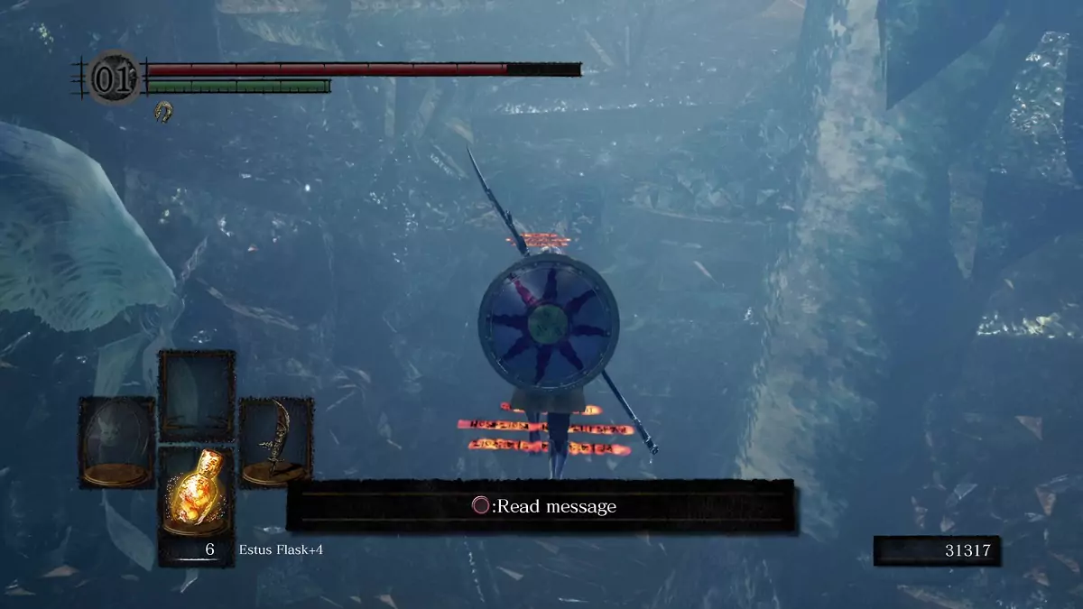 The Chosen Undead running on an invisible path in the Crystal Cave.